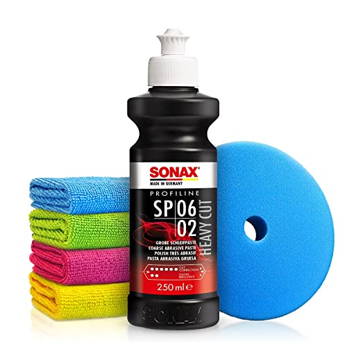 Autopolitur Set: Sonax Profiline SP 06-02 Schleifpolitur (250ml) Silikonfreie Schleifpaste - Ideal für stark verwitterte & verkratze Lacke - Low-Dust Technologie - Auto polieren, Heavy Cut | 6-teilig von Shiny Freaks