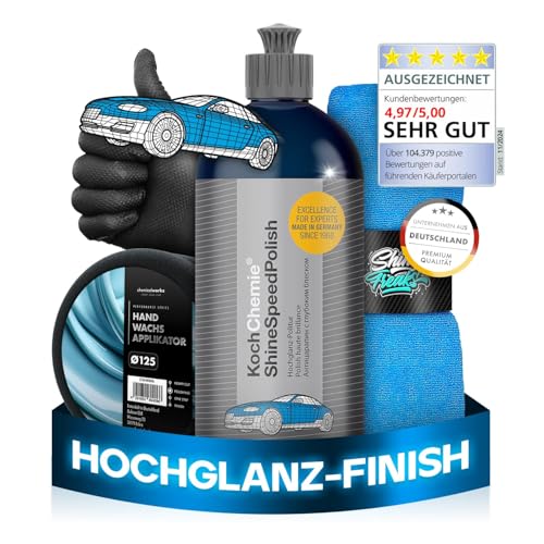 Koch Chemie Shine Speed Polish (500 ml) Lackpolitur + chemicalworkz Hand Wachs Applikator + ShinyFreaks Ultra Soft Mikrofasertuch – Hochglanz-Finish & Lackschutz – Auto Politur & Pflege Set von Shiny Freaks