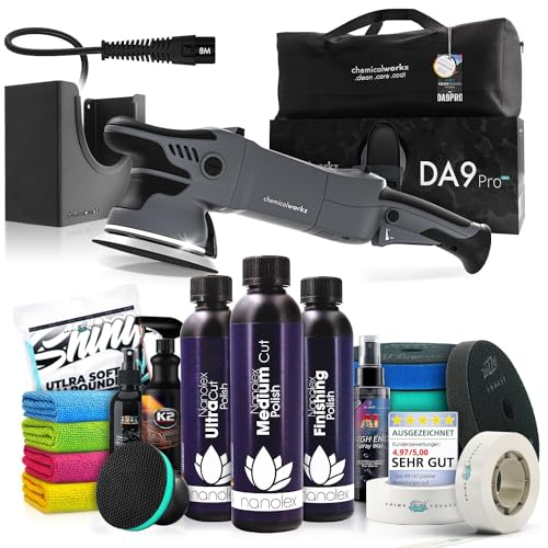 Poliermaschinen Set: chemicalworkz DA9 Pro Max Exzenter Poliermaschine + Nanolex Politur Set + ZviZZer Thermo Polierpads + Dr. Wack Versiegelung für Lack + Zubehör | 21-teilig von Shiny Freaks