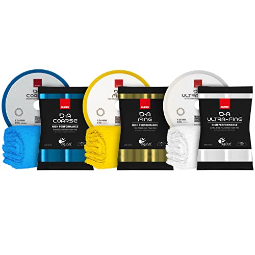 Polierpad Set: Rupes Bigfoot Polierschwamm für 150mm Stützteller - D-A Coarse + Fine + Ultrafine Ø150-180mm blau/gelb/weiß (3 STK.) + ChemicalWorkz Premium Poliertuch 500GSM | 6-teilig von Shiny Freaks