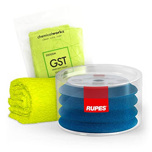Polierpad Set: Rupes Bigfoot Polierschwamm für 50mm Stützteller - D-A Coarse Ø50-70mm blau (4 STK.) + ChemicalWorkz Premium Poliertuch 500GSM | 5-teilig von Shiny Freaks