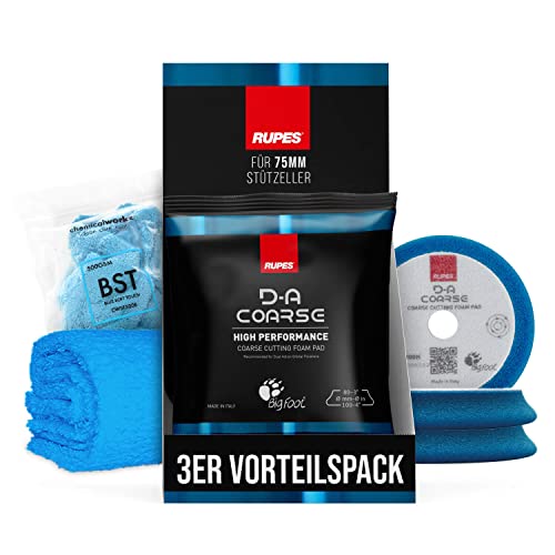 Polierpad Set: Rupes Bigfoot Polierschwamm für 75mm Stützteller - D-A Coarse Ø80-100mm blau (3 STK.) + ChemicalWorkz Premium Poliertuch 500GSM | 4-teilig von Shiny Freaks