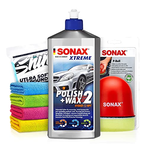 Politurset: SONAX XTREME Polish + Wax 2 Hybrid NPT (500ml) Auto Politur mit Hybrid NetProtection + Applikator + Mikrofasertücher | mühelos zum perfekten Polierergebnis | 6-teilig von Shiny Freaks