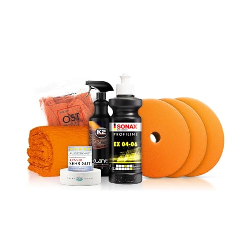Politurset: Sonax One-Step Politur + Royal Pads Polierpads + Zubehör - Auto Lack Politur, Kratzer entfernen, Aufbereitung | 7-teilig Politurset: Sonax One-Step Politur + Royal Pads Polierpads + Zubehör - Auto Lack Politur, Kratzer entfernen, Aufbereitung | 7-teilig von Shiny Freaks