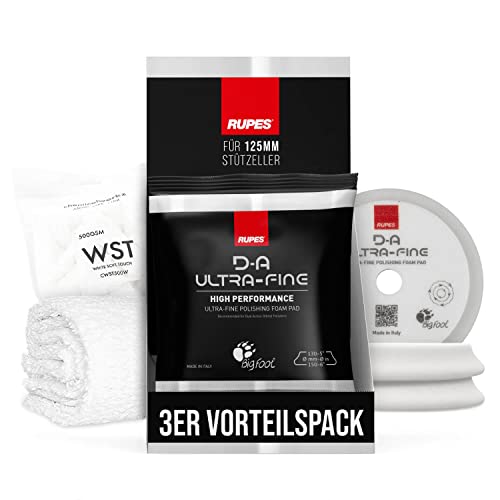 Polierpad Set: Rupes Bigfoot Polierschwamm für 125mm Stützteller - D-A Ultrafine Ø130-150mm weiß (3 STK.) + ChemicalWorkz Premium Poliertuch 500GSM | 4-teilig von Shiny Freaks