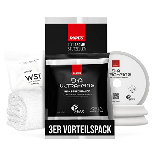 Polierpad Set: Rupes Bigfoot Polierschwamm für 150mm Stützteller | D-A Ultrafine Ø150-180mm weiß (3 STK.) + ChemicalWorkz Premium Poliertuch 500GSM | 4-teilig von Shiny Freaks