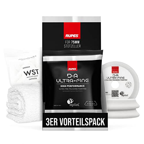 Polierpad Set: Rupes Bigfoot Polierschwamm für 75mm Stützteller - D-A Ultrafine Ø80-100mm weiß (3 STK.) + ChemicalWorkz Premium Poliertuch 500GSM | 4-teilig von Shiny Freaks