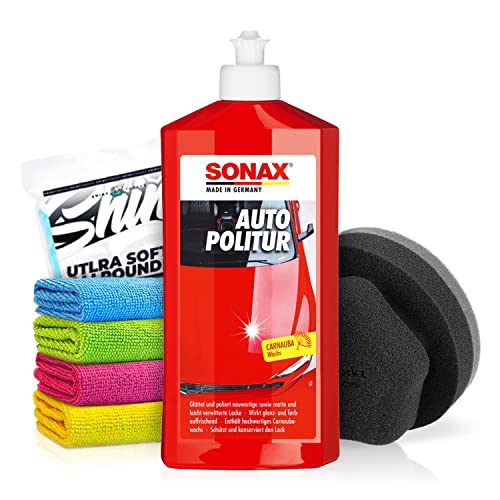 Politurset: SONAX Autopolitur (250ml) Auto Politur Handpolitur Set + Applikator + Mikrofasertücher | mühelos und schnell zum perfekten Polierergebnis | 6-teilig von Shiny Freaks