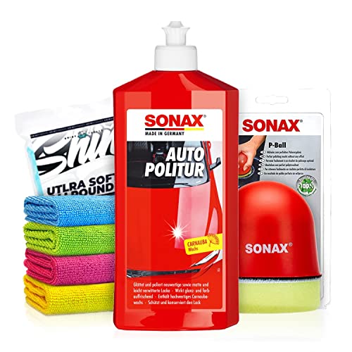 Politurset: SONAX Autopolitur (250ml) Auto Politur Handpolitur Set + Applikator + Mikrofasertücher | mühelos zum perfekten Polierergebnis | 6-teilig von Shiny Freaks