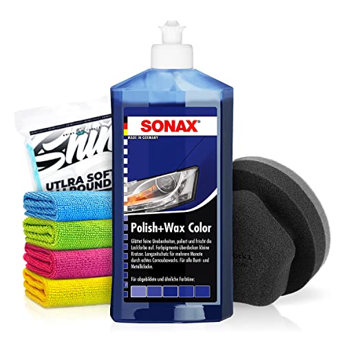 Politurset: SONAX Polish+Wax Color blau (500 ml) Auto Politur mit blauen Farbpigmenten und Wachsanteilen + Applikator + Mikrofasertücher | mühelos und schnell zum perfekten Polierergebnis | 6-Teilig von Shiny Freaks