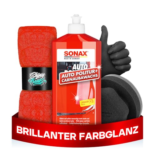 Politurset: SONAX Polish+Wax Color rot (500 ml) Auto Politur mit roten Farbpigmenten und Wachsanteilen + Applikator + Mikrofasertücher | mühelos und schnell zum perfekten Polierergebnis | 6-Teilig von Shiny Freaks