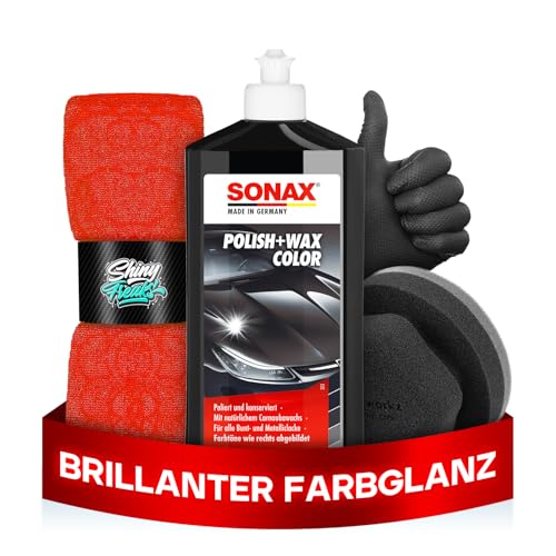 Politurset: SONAX Polish+Wax Color schwarz (500 ml) Auto Politur mit schwarzen Farbpigmenten und Wachsanteilen + Applikator + Mikrofasertücher | mühelos zum perfekten Polierergebnis | 6-Teilig von Shiny Freaks