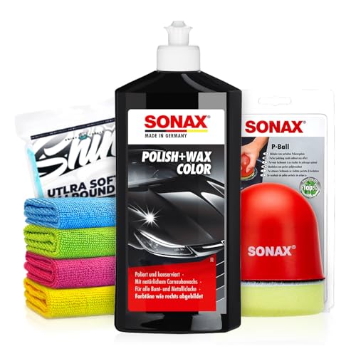 Politurset: SONAX Polish+Wax Color schwarz (500 ml) Auto Politur mit schwarzenFarbpigmenten und Wachsanteilen +Applikator + Mikrofasertücher | mühelos zum perfekten Polierergebnis | 6-Teilig von Shiny Freaks