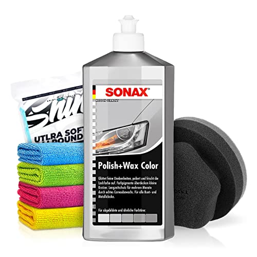 Politurset: SONAX Polish+Wax Color silber/grau (500 ml) Auto Politur mit Farbpigmenten und Wachsanteilen + Applikator + Mikrofasertuch | mühelos und schnell zum perfekten Polierergebnis | 6-Teilig von Shiny Freaks