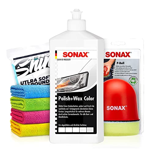 Politurset: SONAX Polish+Wax Color weiß (500 ml) Auto Politur mit weißen Farbpigmenten und Wachsanteilen +Applikator + Mikrofasertücher | mühelos und schnell zum perfekten Polierergebnis | 6-Teilig von Shiny Freaks