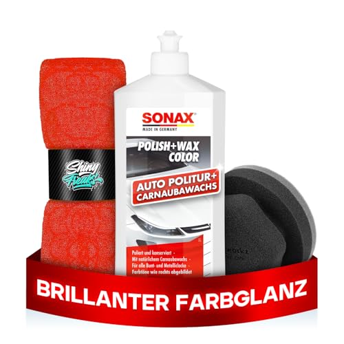 Politurset: SONAX Polish+Wax Color weiß (500 ml) Auto Politur mit weißen Farbpigmenten und Wachsanteilen + Applikator + Mikrofasertücher | mühelos und schnell zum perfekten Polierergebnis | 6-Teilig von Shiny Freaks