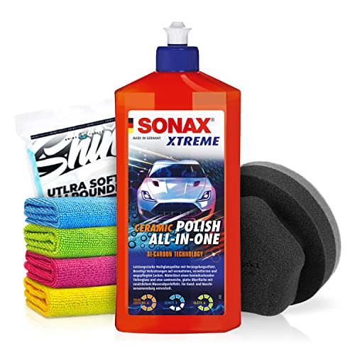 Politurset: SONAX XTREME Ceramic Polish All-in-One (500ml) Auto Politur mit Carnaubawachs + Applikator + Mikrofasetücher | mühelos und schnell zum perfekten Polierergebnis | 6-teilig von Shiny Freaks
