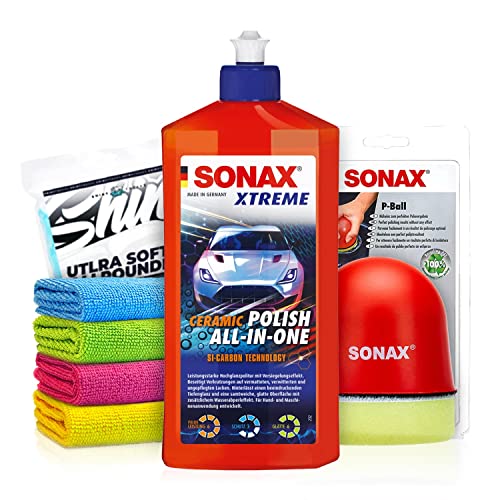 Politurset: SONAX XTREME Ceramic Polish All-in-One (500ml) Auto Politur mit Carnaubawachs + Applikator + Mikrofasertücher | mühelos zum perfekten Polierergebnis | 6-teilig von Shiny Freaks