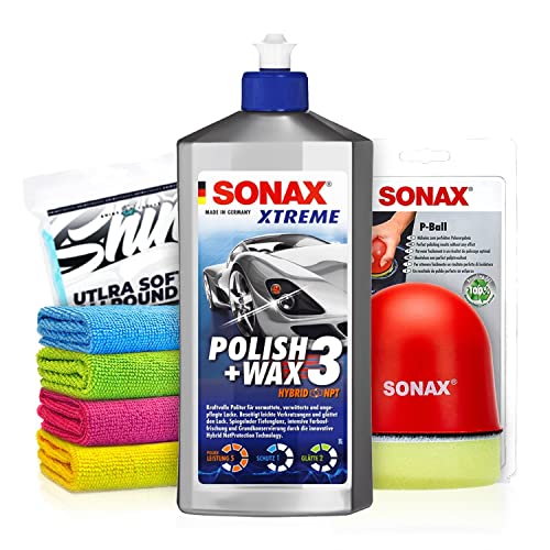 Politurset: SONAX XTREME Polish + Wax 3 Hybrid NPT (500ml) Auto Politur mit Hybrid NetProtection + Applikator + Mikrofasertücher | mühelos zum perfekten Polierergebnis | 6-teilig von Shiny Freaks