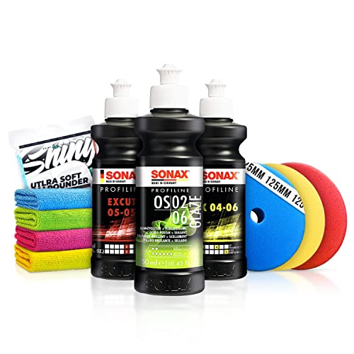 Politur Set: Sonax ExCut 05-05 + Ex 04-06 + OS 02-06 (je 250ml) + Royal Pads Premium Polierpads (Ø125mm) - Zur starken Defektkorrektur und maximalen Hochglanz - Auto polieren | 10-teilig von Shiny Freaks