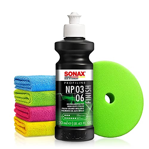 Autopolitur Set: Sonax Profiline NP 03-06 Hochglanzpolitur (250ml) - Anti-Hologramm-Politur zum professionellen Polieren von matten und verkratzten Lacken - Auto polieren, Glanzpolitur | 6-teilig von Shiny Freaks