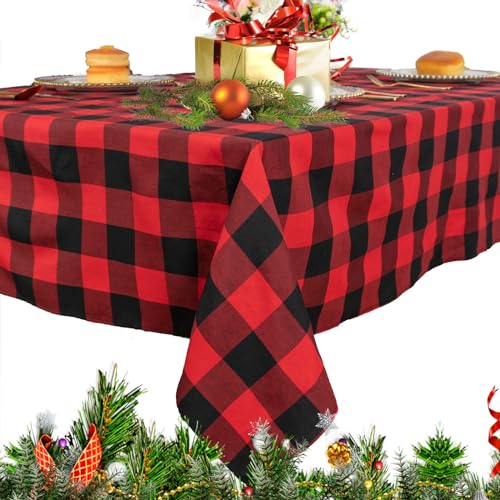 Karierte quadratische Tischdecke, 140 x 140 cm, rot und schwarz kariert, Tischdecken mit Gittermuster für Weihnachten, Veranstaltungen, Dekoration, Leinen-Plaid-Tischdecke für Küche, Abendessen von ShinyBeauty