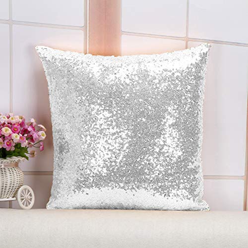 ShinyBeauty Pailletten-Kissen Silber Pailletten-Kissenbezug 18x18 Zoll Pailletten-Kissen für Mädchen Boho Kissenbezüge für Sofa Couch Stuhl Silber 45x45cm Reißverschluss Design Home Festivals von ShinyBeauty