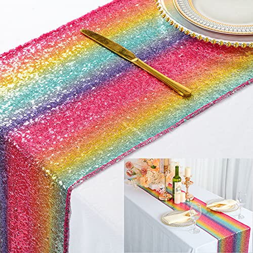 Hochzeitsdekor Pailletten Tischläufer Regenbogen Party Regenbogen Tischdecken für Party Regenbogen Pailletten Tischläufer 30x180 cm Regenbogen Teller Partyzubehör (12x72 Regenbogen) von ShinyBeauty