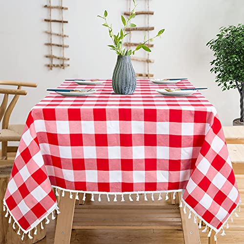 ShinyBeauty Karierte Tischdecke, 137 x 183 cm, rot und weiß, Büffel-Karo Tischdecke Baumwolle mit Quasten Rechteckig Karierte Tischdecke Outdoor Gingham Kariert Tischdecke für Halloween Thanksgiving von ShinyBeauty