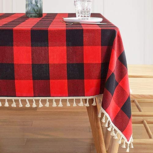 ShinyBeauty Karierte Tischdecke rot und schwarz Karierte Tischdecke rechteckig 137,2 x 182,9 cm Quaste Tischdecke für Küche Esszimmer Buffalo Plaid Tischdecke Bauernhaus Dekor Gitter Tisch Abdeckung von ShinyBeauty