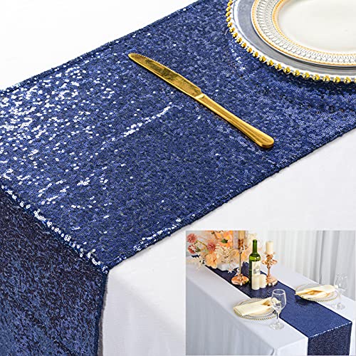 ShinyBeauty Sparkly Rosa Gold Pailletten Tischläufer für Hochzeit/Events Dekoration 30 * 180 cm (Navy blau, 1) von ShinyBeauty