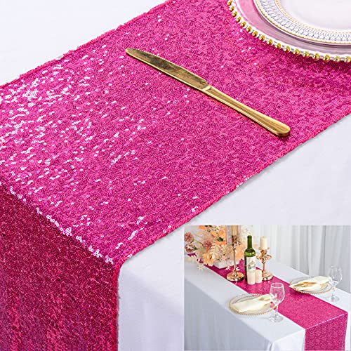 ShinyBeauty Tischläufer-Pailletten Tischläufer Hot Pink Hochzeit Tischläufer 12 "x72 Glitter Tischläufer Fuchsia Home Decor Weihnachten Tischläufer Partyzubehör (12x72-Zoll, Fuchsia) von ShinyBeauty