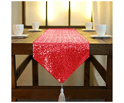 ShinyBeauty Tischläufer mit Quaste schimmerndes 30 x 180 cm mit Glitzer und runden Pailletten, Tischläufer für Party / Hochzeit / Bankett Tischdecke dekorativ (Rot, 30x180cm) von ShinyBeauty