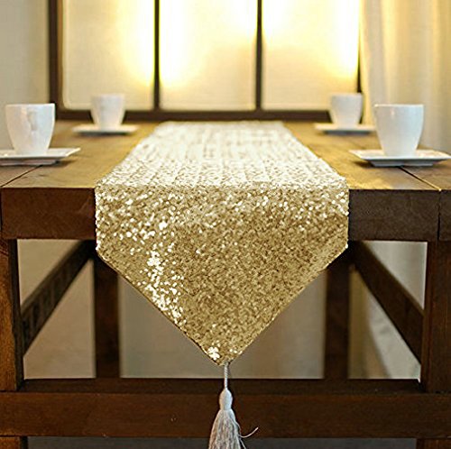 ShinyBeauty Tischläufer mit Quaste schimmerndes 30 x 180 cm mit Glitzer und runden Pailletten Tischläufer für Party Hochzeit Bankett Tischdecke dekorativ (Hell Gold, 30x225cm) von ShinyBeauty