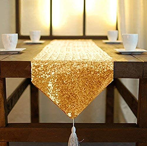 ShinyBeauty Tischläufer mit Quaste schimmerndes Grün 30 x 180 cm mit Glitzer und runden Pailletten Tischläufer für Party Hochzeit Bankett Tischdecke dekorativ Silber 12x72-Inch (Gold, 30x275cm) von ShinyBeauty