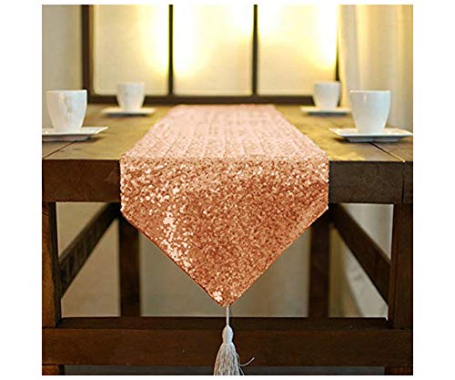 ShinyBeauty Tischläufer mit Quaste schimmerndes Grün 30 x 180 cm mit Glitzer und runden Pailletten Tischläufer für Party Hochzeit Bankett Tischdecke dekorativ Silber 12x72-Inch (Roségold, 30x180cm) von ShinyBeauty