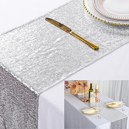 ShinyBeauty Sparkly Rosa Gold Pailletten Tischläufer für Hochzeit/Events Dekoration 30 * 180 cm (Silber, 1) von ShinyBeauty