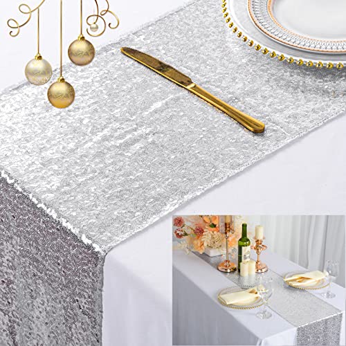 Silberfarbener Pailletten-Tischläufer, 30 x 275 cm, für Hochzeit, Party, Dekoration, Leinen, Glitzer-Pailletten, Stoff, Tischläufer für den Außenbereich, 30 x 275 cm, silberfarben von ShinyBeauty