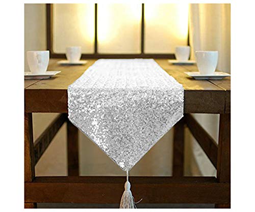 ShinyBeauty Tischläufer mit Quaste schimmerndes 30 x 180 cm mit Glitzer und runden Pailletten Tischläufer für Party Hochzeit Bankett Tischdecke dekorativ (Silber, 30x180cm) von ShinyBeauty