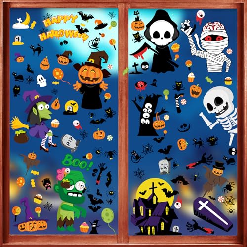 Shinybox Halloween Fensteraufkleber, 9 Blatt Halloween Fenster Aufkleber Deko Sticker, Doppelseitiges Fensterbilder mit Kürbis, Fledermaus, Spinne Deko Wandaufkleber für Halloween Party(Halloween A) von Shinybox