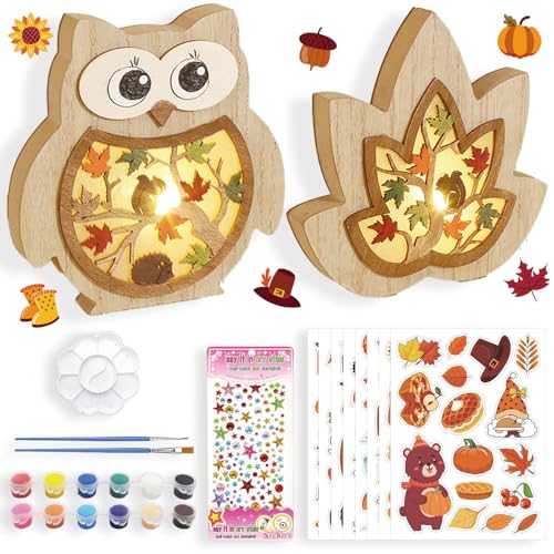 Shinybox Herbstdeko Lampe, 3D Holz LED Dekoration Laterne, 2 Stück DIY Herbst Dekoration mit 8 Herbstlichen Aufklebern + 12 Farben der Farbe, Herbst Holz Ornament für Party Erntedankfest Innen Deko(C) Shinybox Herbstdeko Lampe, 3D Holz LED Dekoration Laterne, 2 Stück DIY Herbst Dekoration mit 8 Herbstlichen Aufklebern + 12 Farben der Farbe, Herbst Holz Ornament für Party Erntedankfest Innen Deko(C) von Shinybox