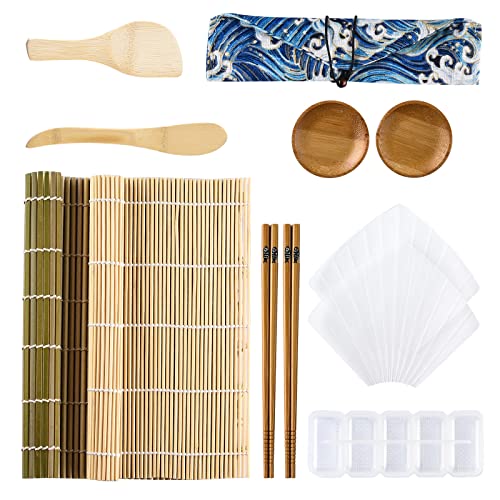 ShipeeKin 11-teiliges Sushi-Set, Sushi-Roll-Bambus-Matten, 2 Stück mit Reispaddel-Streuer + Temaki-Roller + 5-Gitter-Reisform + 2 Stück Soßenteller + 2 Paar Essstäbchen mit Aufbewahrungstasche von ShipeeKin