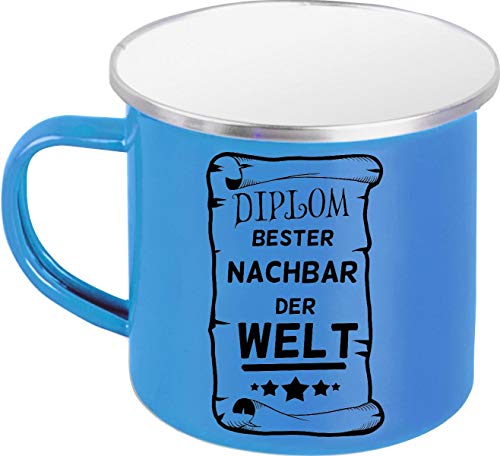 Emaille Kaffeepott Tasse Diplom Bester Nachbar Der Welt, Mug, Becher, Campen, Lagerfeuer, Cup, Retro, Pott, Farbe Blau von ShirtInStyle