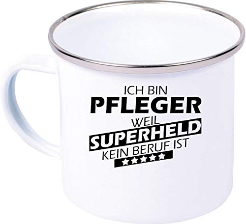 Emaillebecher, Ich bin Pfleger weil Superheld kein Beruf ist, Beruf Ausbildung Abschluss, Emaille Tasse, Kaffee Becher Mug, weiß von ShirtInStyle