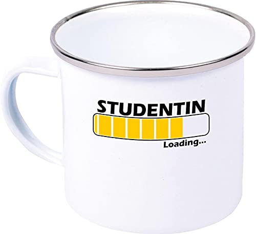 Emaillebecher, Loading Studentin, Beruf, Abschluss, Anerkennung, Emaille Tasse, Kaffee Becher Mug, weiß von ShirtInStyle