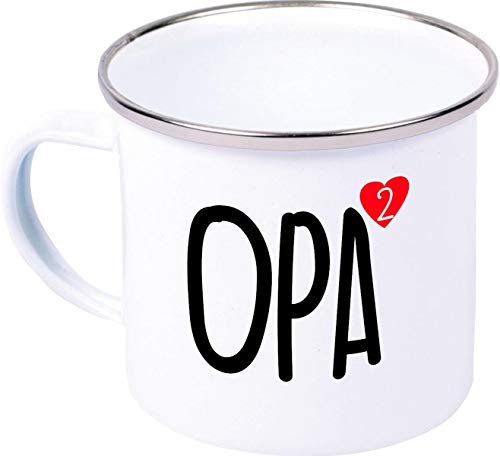 Emaillebecher, Opa hoch 2, zweifacher Opa, Familie Verwandschaft, Liebe, Freude, Dankbarkeit, Emaille Tasse, Kaffee Becher Mug, weiß von ShirtInStyle