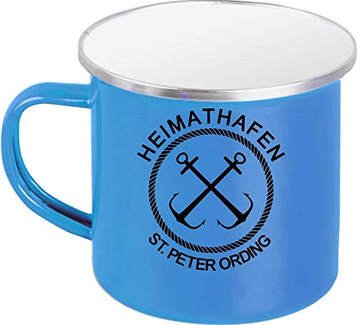 Shirtinstyle Emaille Kaffeepott Tasse Heimathafen St. Peter Ording Anker, Kaffeetasse Becher Retro Camping, Farbe Blau von Shirtinstyle