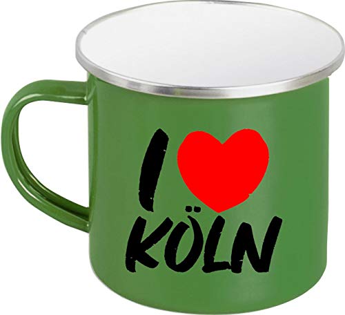 ShirtInStyle Emaille Kaffeepott Tasse I Love Köln, Kaffeetasse Becher Retro Camping, Farbe Grün von ShirtInStyle