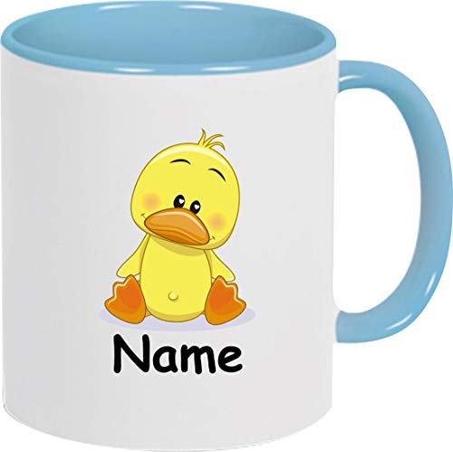 ShirtInStyle Kaffeepott, Tasse, Ente mit Wunschnamen, Wunschtext, Spruch Name Text Becher Mug Kaffeetasse, Tiere, Natur, Farbe hellblau von ShirtInStyle