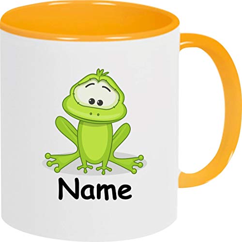 ShirtInStyle Kaffeepott, Tasse, Frosch mit Wunschnamen, Wunschtext, Spruch Name Text Becher Mug Kaffeetasse, Tiere, Natur, Farbe gelb von ShirtInStyle